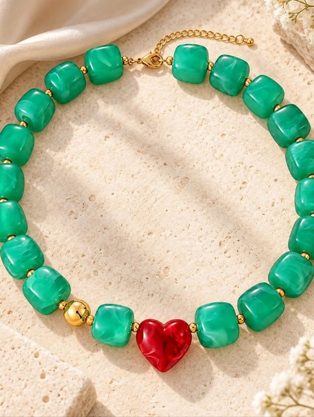 Chunky Beaded Necklace Red Resin Heart Pendant Choker